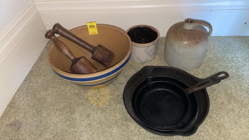 Antique Wooden Potato Masher, Cast Iron Skillets and More