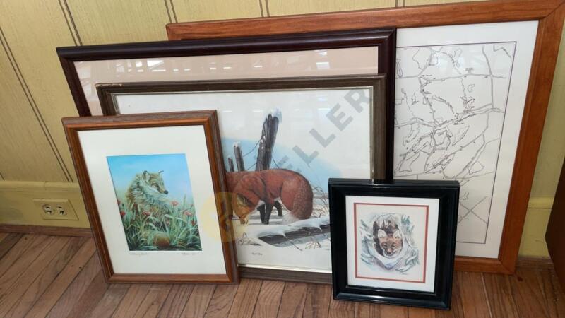 5 Framed Fox and Horse Motif Prints