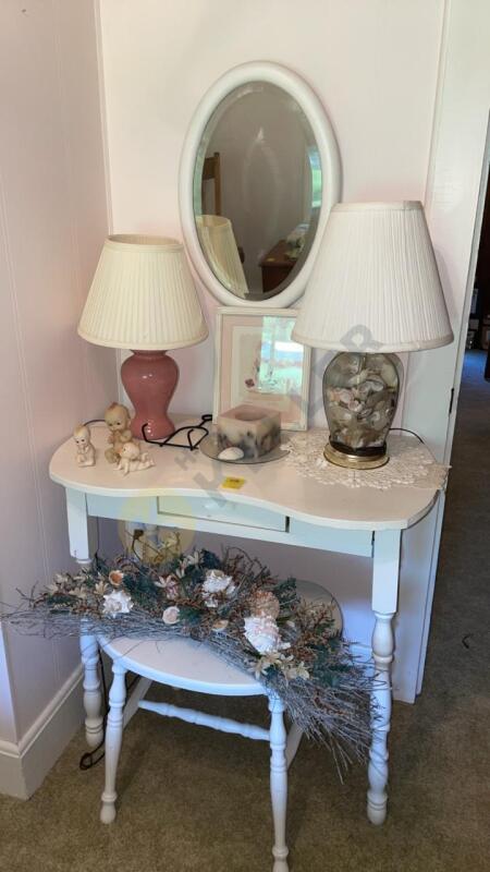 Vanity Table and Stool, Mirror, Lamps, and More