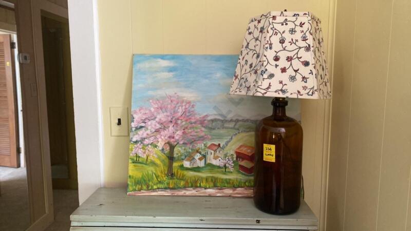 Amber Glass Jar Lamp and Oil Painting