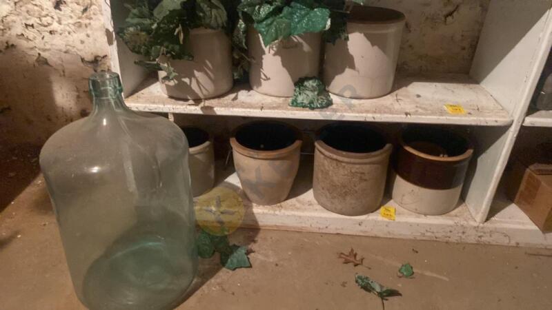 Stoneware Crocks and Glass 5 Gallon Bottle