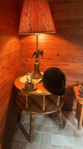 Small Round Table, Brass American Eagle Lamp, Horse Statue, and Jockey Helmet