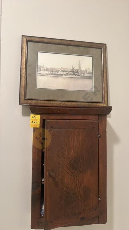 Wooden Hanging Cabinet and Framed Art