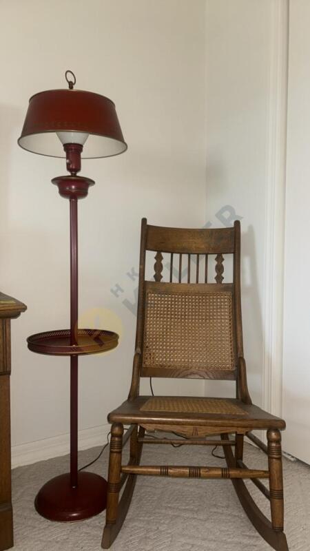 Wooden Rocking Chair and Vintage Red Metal Floor Lamp