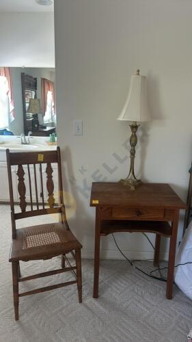 Wooden Nightstand and Chair with Brass Lamp