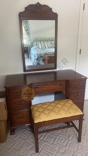 Wooden Vanity, Stool, and Mirror