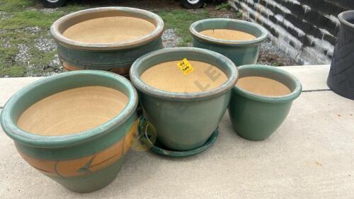 5 Green Glazed Painted Clay Pots