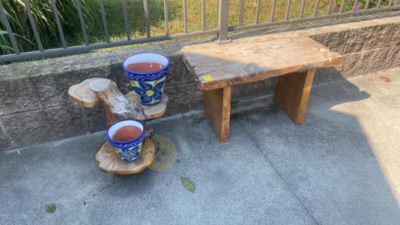 Wooden Bench, Plant Stand, and Painted Planters