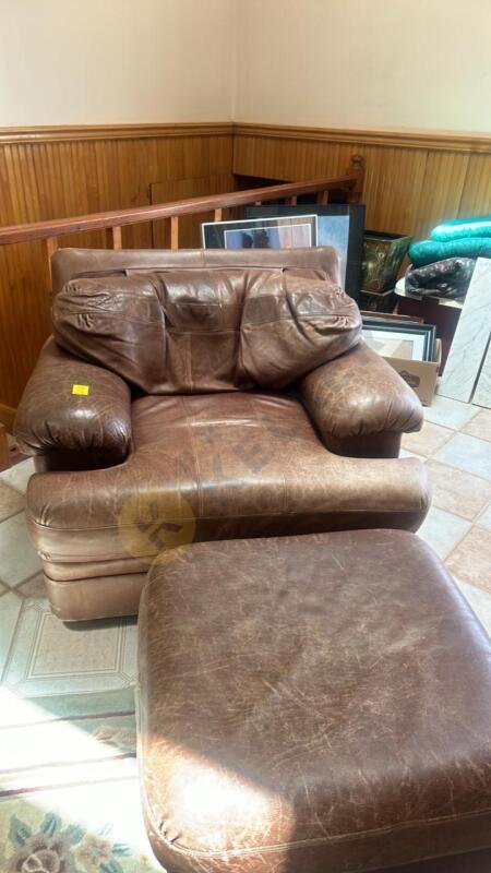 Brown Leather Oversized Arm Chair with Rolling Ottoman