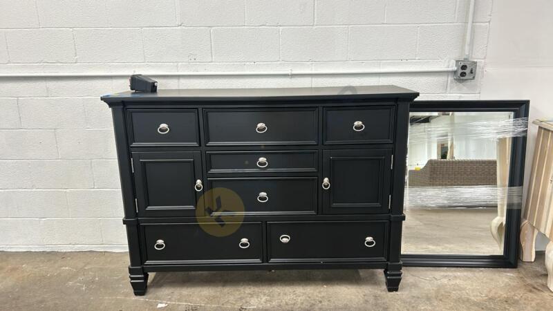 Black 7 Drawer and 2 Door Dresser with Mirror