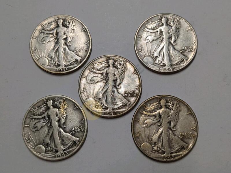 5 Walking Liberty Silver Half Dollar Coins