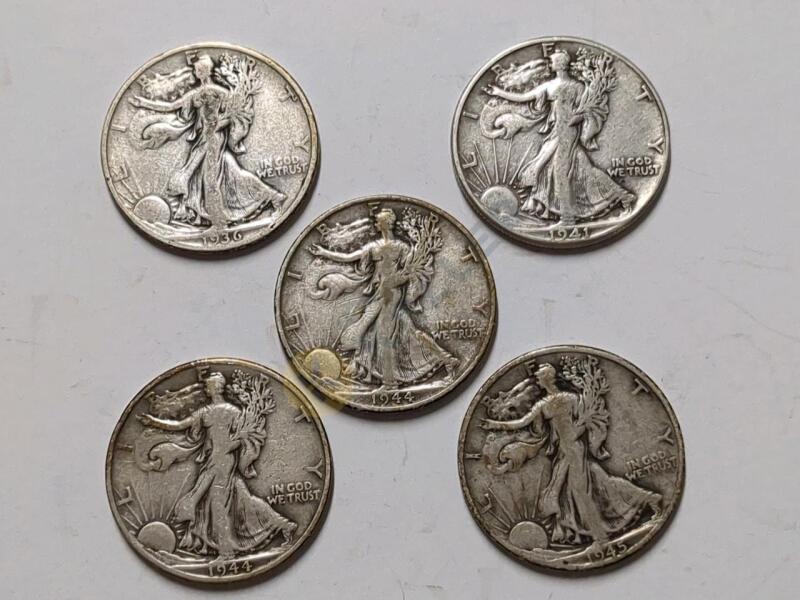 5 Walking Liberty Silver Half Dollar Coins