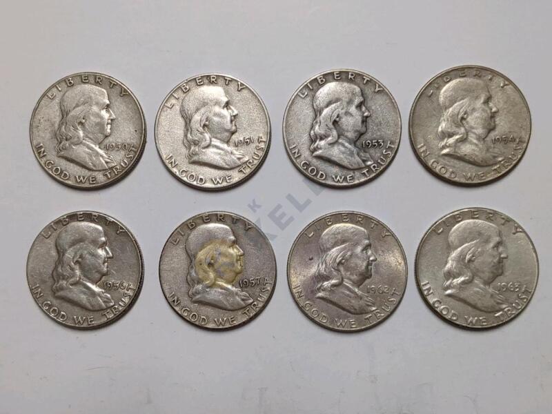 8 Franklin Silver Half Dollar Coins