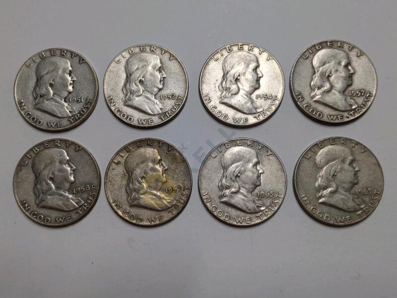 8 Franklin Silver Half Dollar Coins