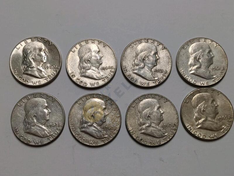 8 Franklin Silver Half Dollar Coins