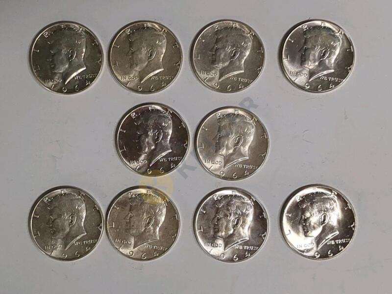 10 Silver 1964 Kennedy Half Dollar Coins