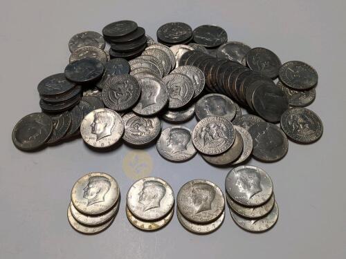 Ten 1965 - 1968, Seventy-seven 1971 - 1996 Kennedy Half Dollar Coins