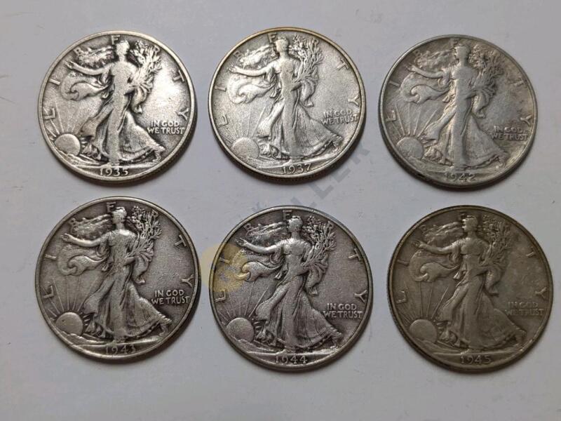 6 Walking Liberty Silver Half Dollar Coins