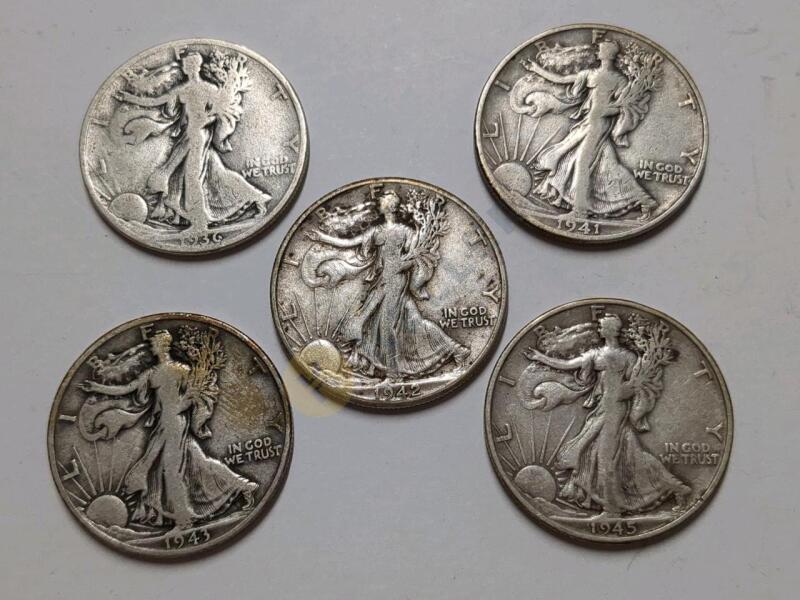 5 Walking Liberty Silver Half Dollar Coins