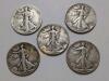 5 Walking Liberty Silver Half Dollar Coins