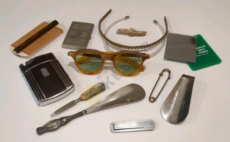 Vintage Cigarette Lighter and Holder, Sunglasses, Silver Shoe Horn, and More