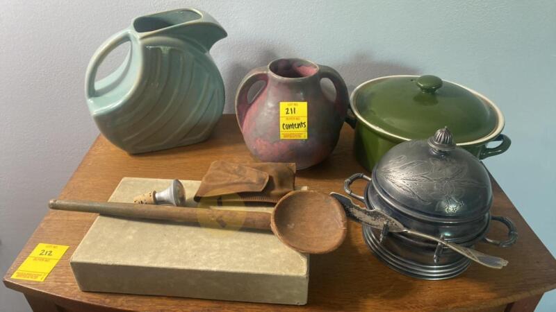 Silver Plate Covered Dome Cheese Dish, Art Deco Pottery Pitcher, and More