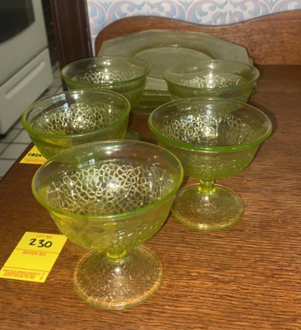 Antique Vaseline Crackle Glass Sherbert Dishes and Saucers