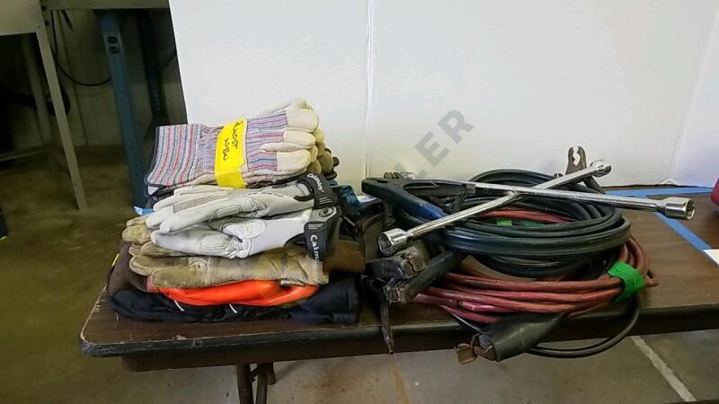 Assorted Gloves, Jumper Cables, and Tire Iron