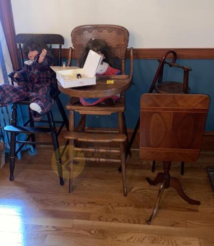 Wooden Highchairs, Dolls, Hall Table, and More