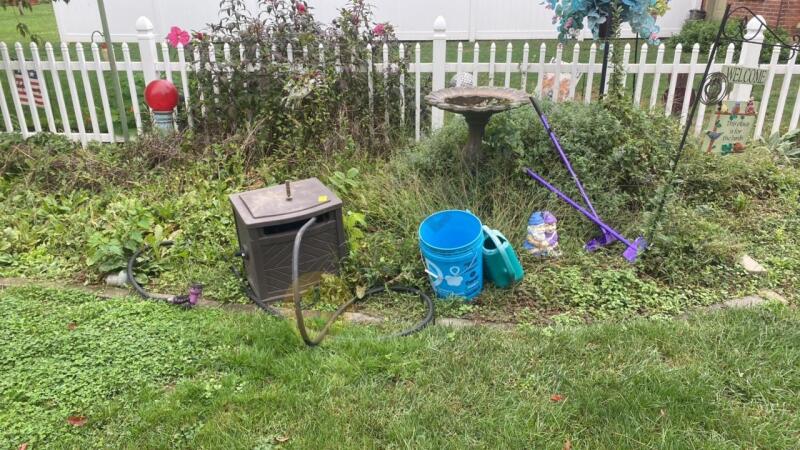 Garden Hose, Reel, Bird Bath Fountain, and More