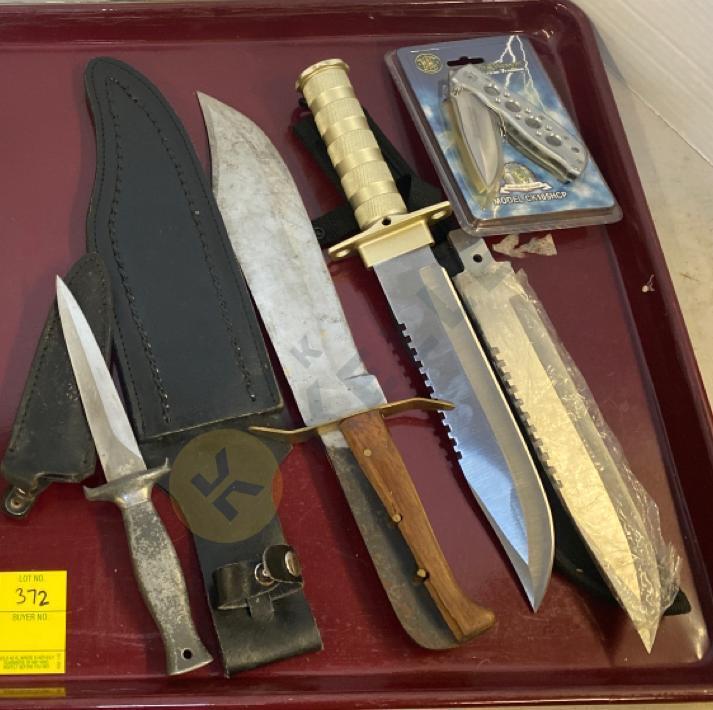 3 Knives with Sheaths, Extra Blade, and New Pocket Knife