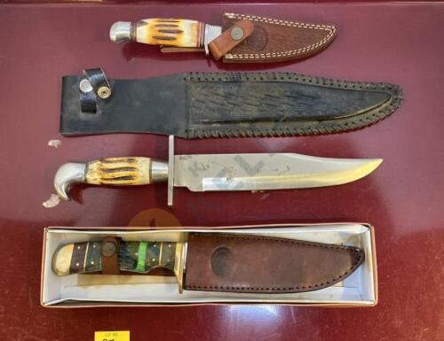 3 Bowie Knives with Leather Sheaths