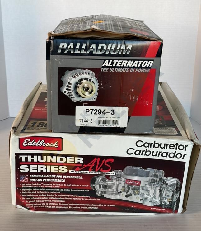 NIB Palladium Alternator and Edelbrock Carburetor