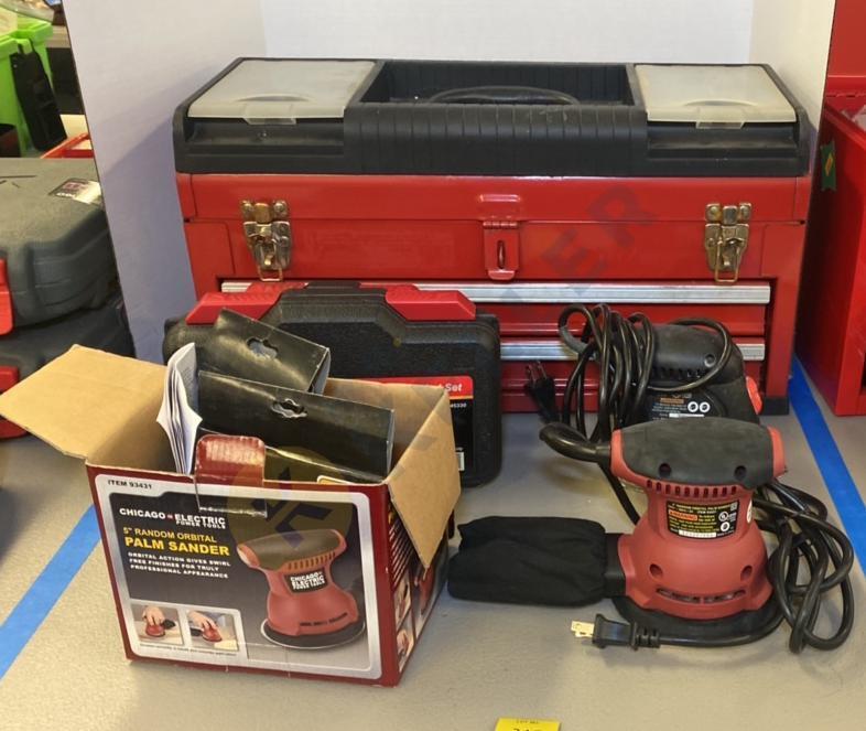 Metal Tool Box, Palm Sanders, and More