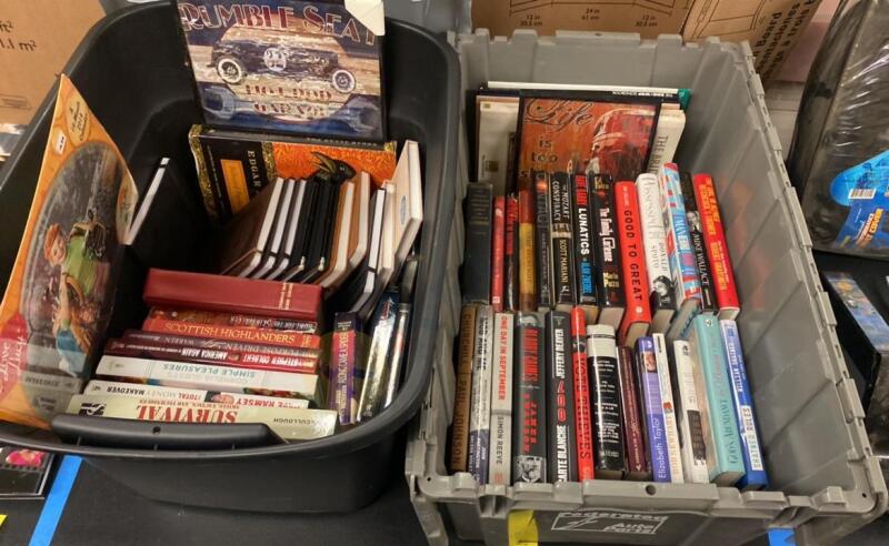 Variety of Books, Leathrr Sketch Books, Bins, And More