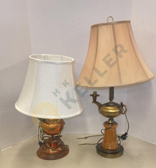 Brass Lamp with Lamp On It and Brass Lamp with Kettle On It