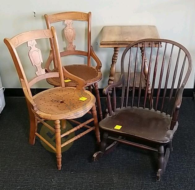 Wooden Side Table, Chairs, and Child's Rocker