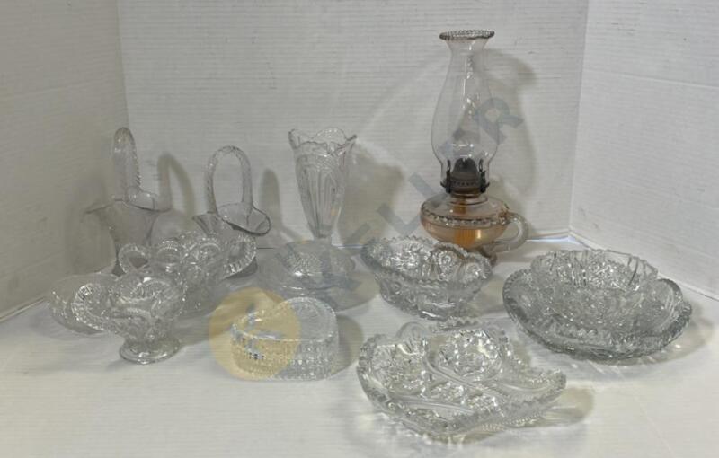 Cut Glass, Etched Glass, and Oil Lamp