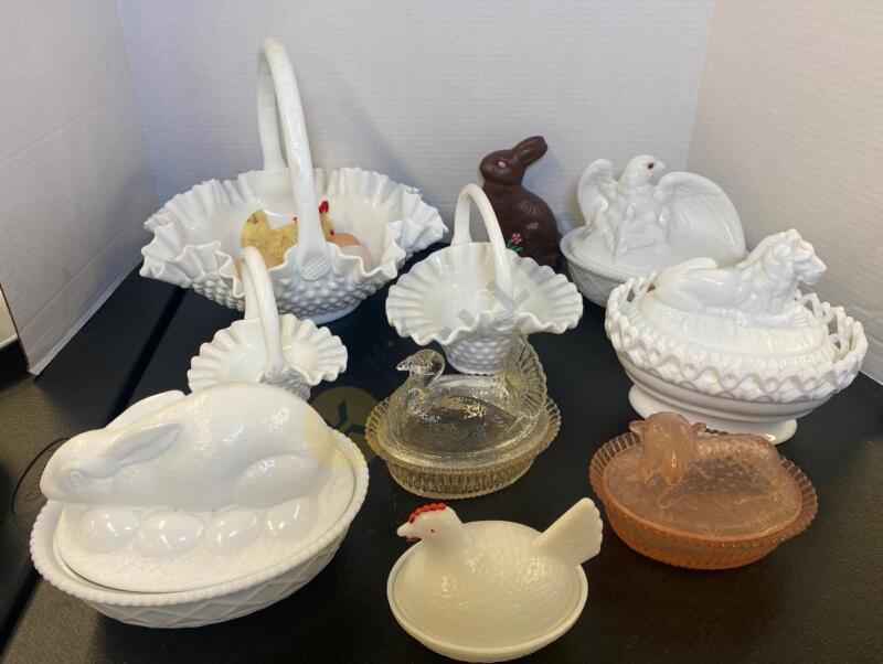 Milk Glass Animals on Nests, Baskets, and More