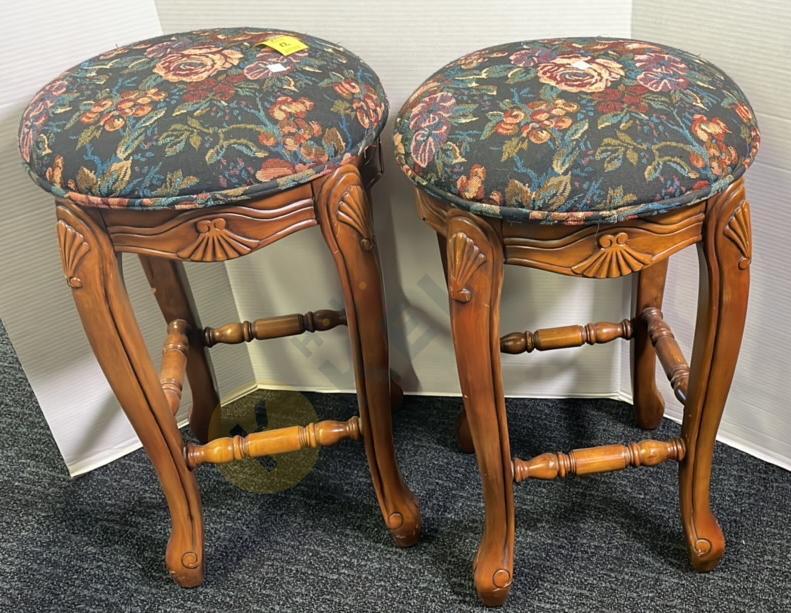 Pair of Floral Cushioned Top Wooden Stools