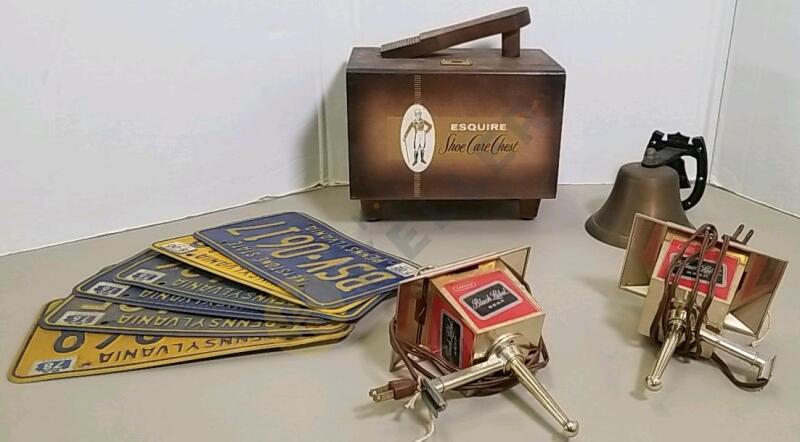 Black Label Beer Lights, Shoe Care Chest, Brass Bell, and More