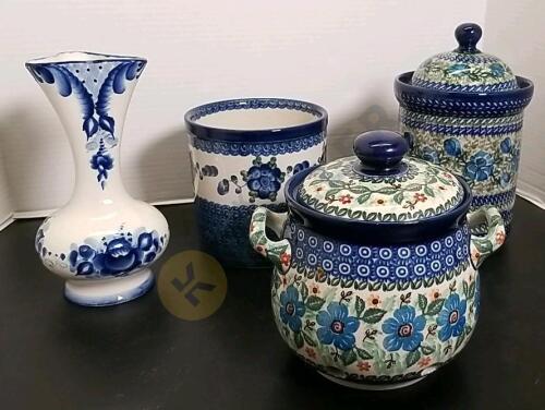 3 Pieces of Polish Pottery and a Russian Vase