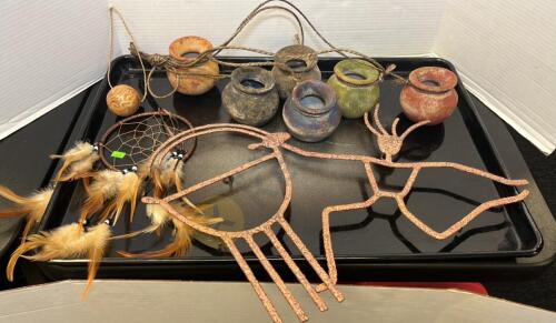 Hanging Rope Clay Pots, Metal Art, and Dream Catcher