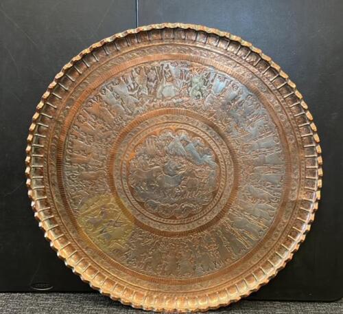 38" Handmade Persian Copper Tray with Silver Overlay