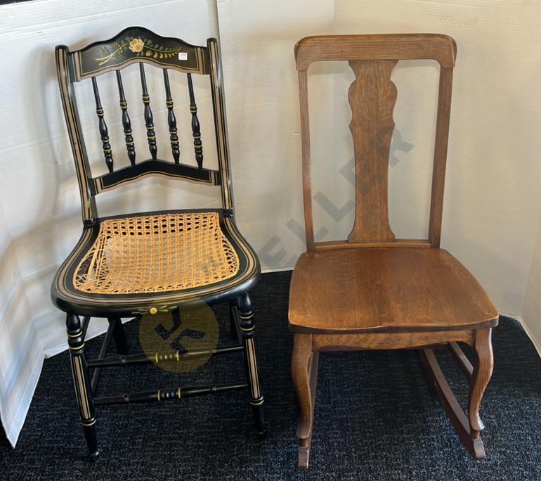 Rocking Chair and Black Decorated Cane Seat Chair