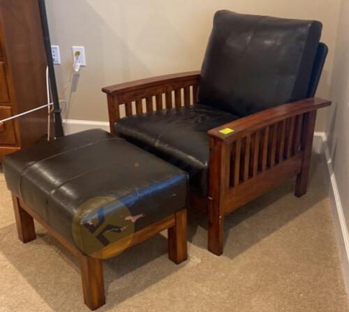 Black Faux Leather Wooden Chair with Ottoman