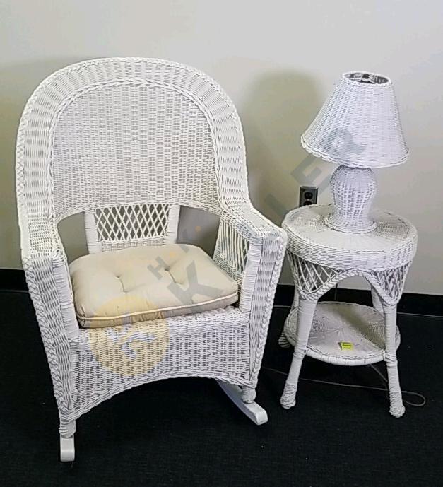 Wicker Rocking Chair, Wicker Side Table, and Wicker Lamp