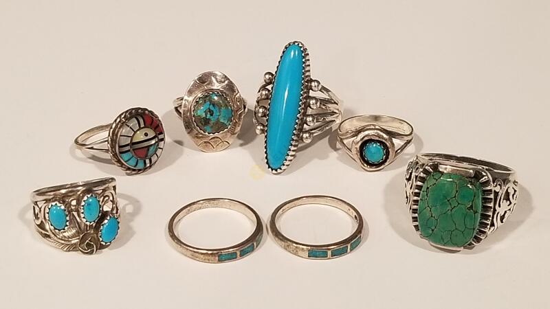 8 Sterling Silver and Turquoise Rings