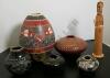 5 Pottery Pieces and Wood Carving