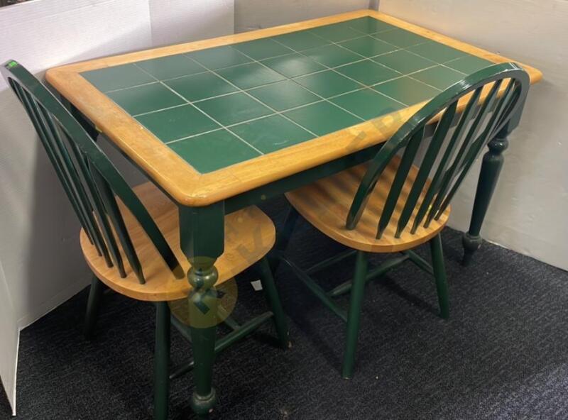Green Tile Wooden Kitchen Table with 2 Chairs